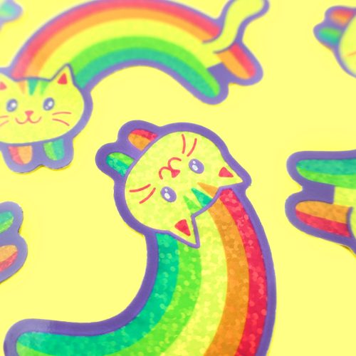 RainbowGlitterKitty Vinyl Sticker For Water Bottle by Turtles Soup Cute Cat Lady LGBT Pride