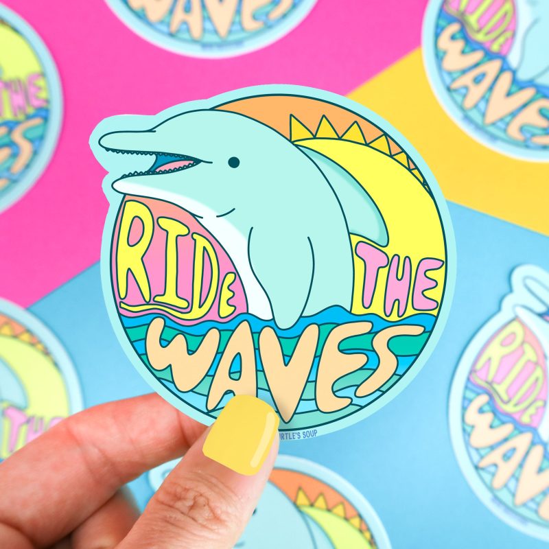 Ride The Waves Dolphin Cute Ocean Sunset Vinyl Sticker for Water Bottle Laptop Journal Car Turtles Soup Decal