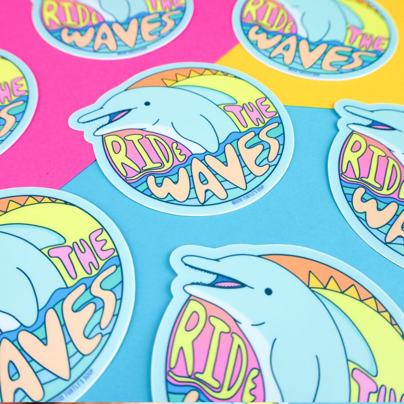 Ride The Waves Dolphin Cute Ocean Sunset Vinyl Sticker for Water Bottle Laptop Journal Car Turtles Soup Decal Swimming Beach