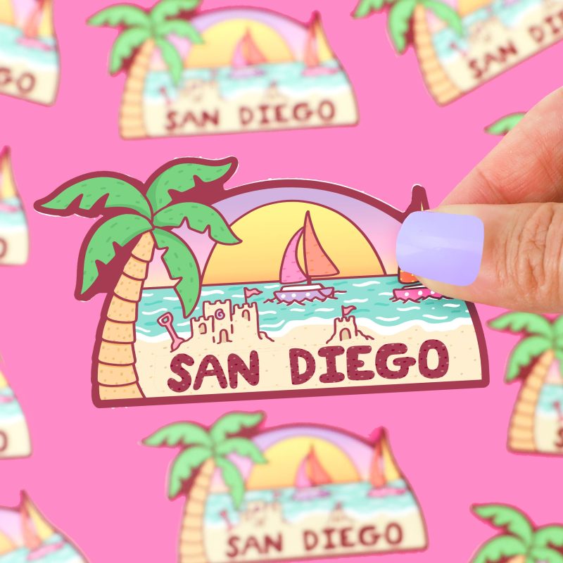 San Diego California Vinyl Sticker Beach Decal California Coast Sunny Cali Palmtrees Beaches Sailboat Decal Waterbottle by Turtles Soup