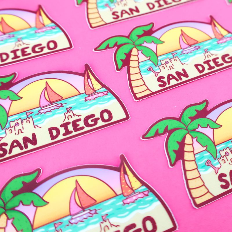 San Diego California Vinyl Sticker Beach Decal California Coast Sunny Cali Palmtrees Beaches Sailboat Decal Waterbottle by Turtles Soup Sunset