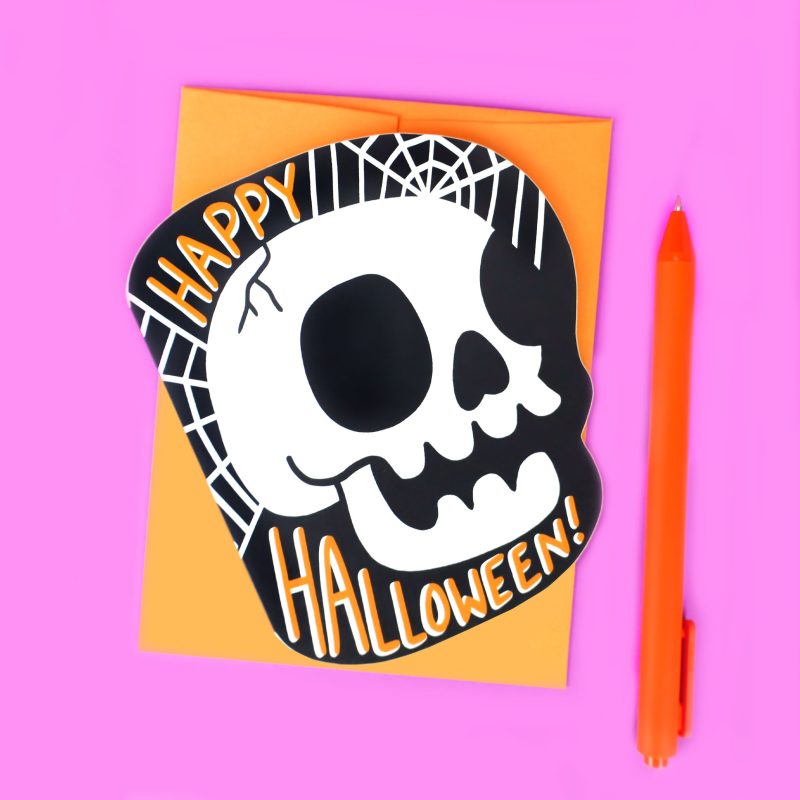 Scary Happy Halloween Skull Bones Greeting Card Die Cut Cool Spooky Spider Webs Card