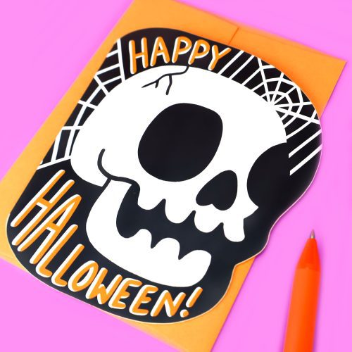 Scary Happy Halloween Skull Bones Greeting Card Die Cut Cool Spooky Spider Webs Card Bones