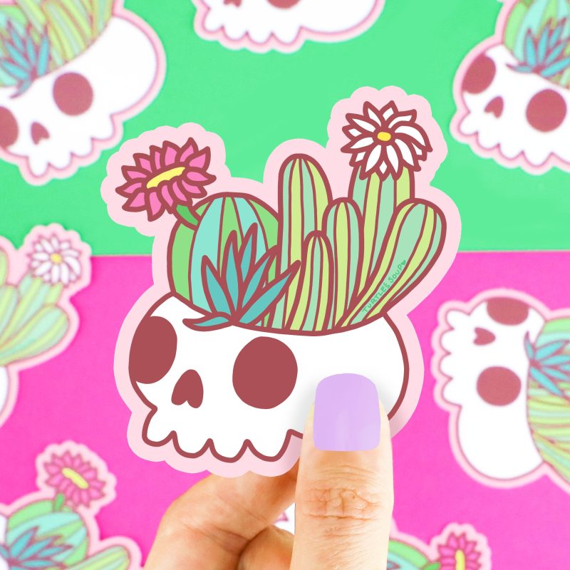 Skull Planter Plant Cactus Cacti Succulent Garden Cute Flower Floral Pastel Goth Pretty Pink Green Turtles Soup Art Vinyl Sticker Water Bottle Laptop Waterproof Adorable Decal for Car