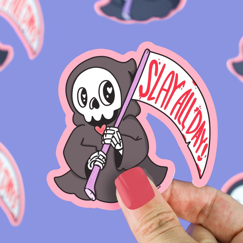 Slay All Day Grim Reaper Funny Halloween Vinyl Sticker For Waterbottle Laptop Halloween Pun By Turtles Soup Skeleton Scary Spooky