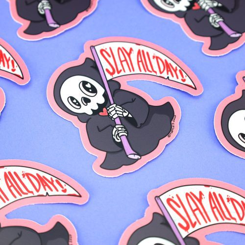 Slay All Day Grim Reaper Funny Halloween Vinyl Sticker For Waterbottle Laptop Halloween Pun By Turtles Soup Skeleton Scary Spooky Funny