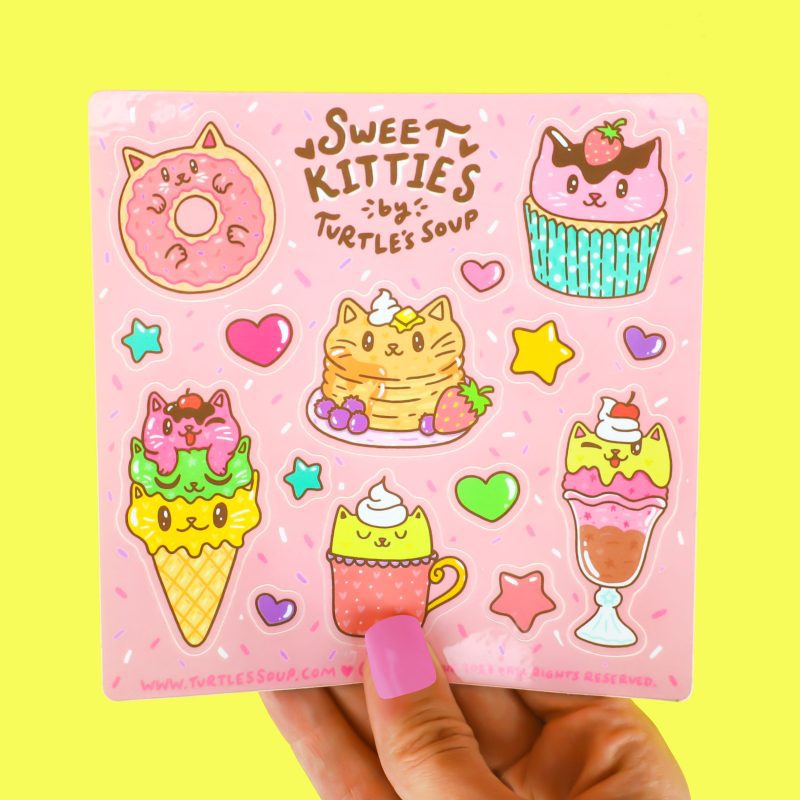 Sweet Dessert Kitties Vinyl Stickers for Water Bottle Notebook Journal High Quality Stickers For Your Things Adorable Turtles Soup Stickers