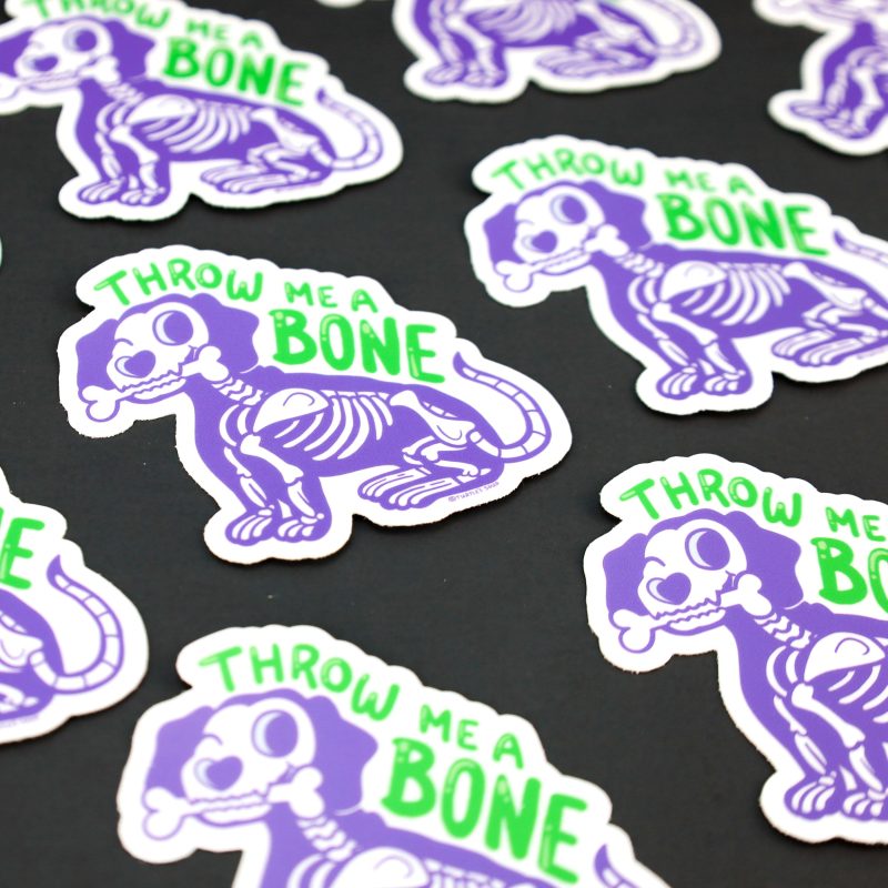 Throw Me A Bone Dog Skeleton Funny Halloween Vinyl Sticker Cute Spooky Scary Dog RIP Bone by Turtles Soup Stciker Art Deca Funny Publ