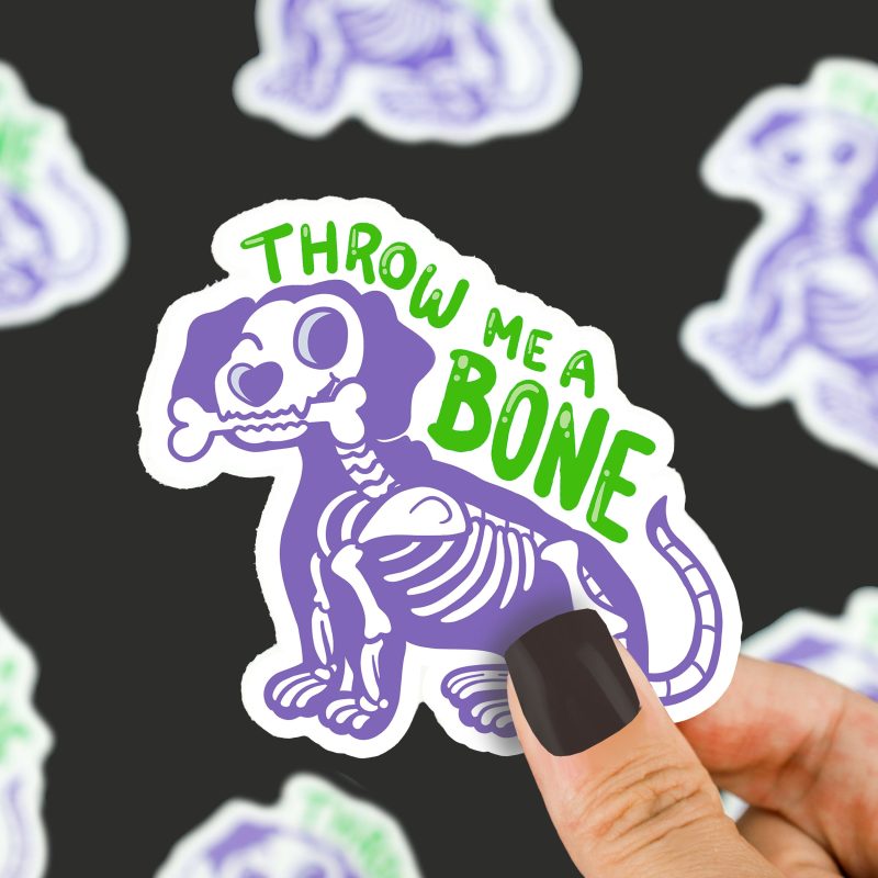 Throw Me A Bone Dog Skeleton Funny Halloween Vinyl Sticker Cute Spooky Scary Dog RIP Bone by Turtles Soup Stciker Art Decal