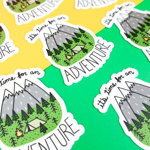 Time For An Adventure Vinyl Sticker Outdoors Mountain Turtles Soup Camping Trailer Outdoorsy Campfire Tent Forest Decal Waterproof Water Bottle Mountains