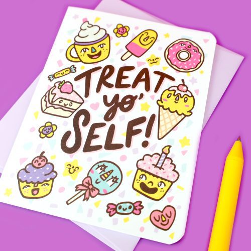 Treat Yo Self Treat Your Self Funny Treats Dessert Cupcakes Cake Lollypop Birthday Congratulations Giftcard Ice Cream Cone Thinking of You Card by Turtles Soup Cute Happy