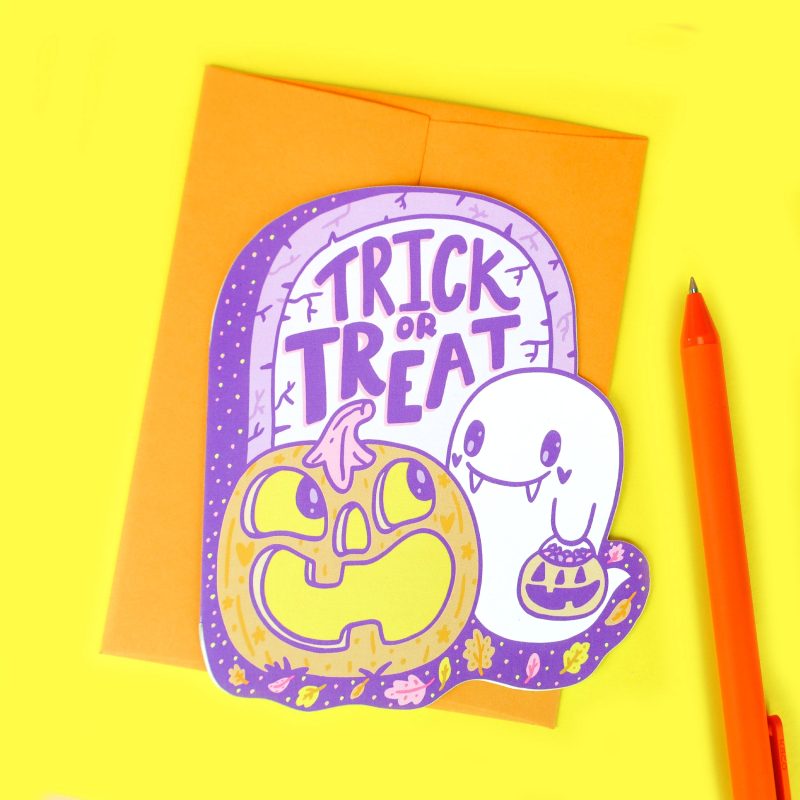 Trick or Treat Happy Halloween Ghost Ghoul Pumpkin Graveyard Greeting Card by Turtles Soup Cute Holiday Halloween Orange Purple