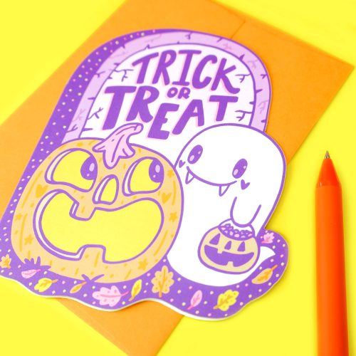 Trick or Treat Happy Halloween Ghost Ghoul Pumpkin Graveyard Greeting Card by Turtles Soup Cute Holiday Halloween Orange Purple Spooky