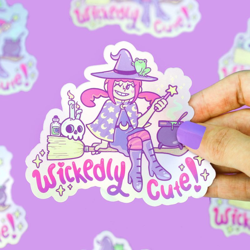 Wickedly Cute Witch Holographic Halloween Witchy Girl Vinyl Sticker Broomstick Cute Art