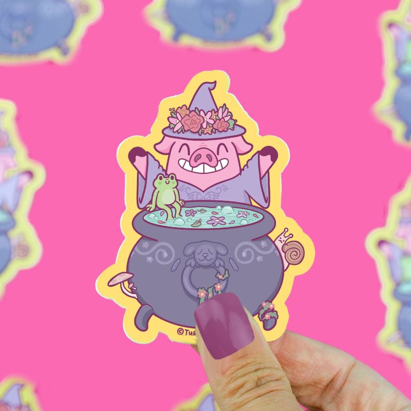 Wizard Piggy Cute Enchanted Witch Pig Buddy By Turtles Soup Fun Sticker Art Decal For Waterbottle Waterproof