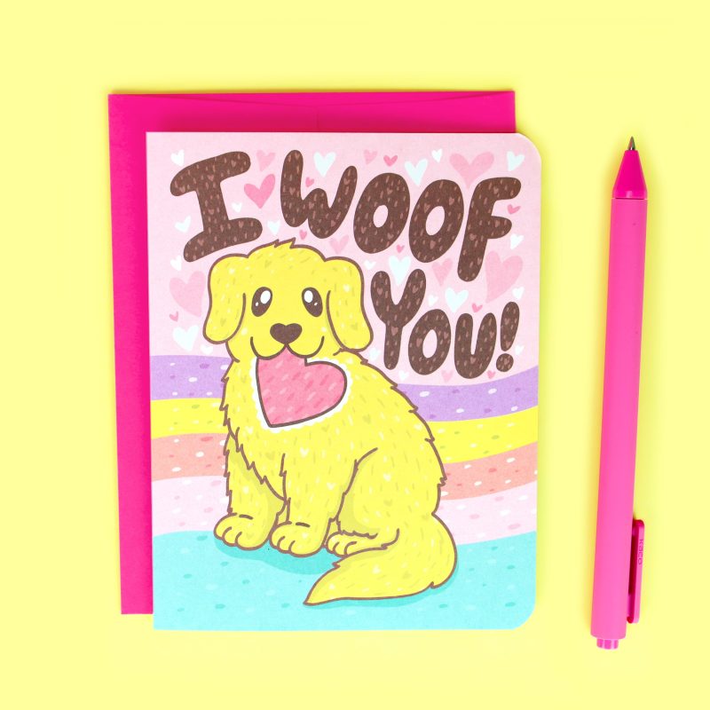 Woof You Love You Golden Retriever Puppy Dog Valentines Day Anniversary Love Card Rainbow Cute Adorable Pastel Turtles Soup Stationery