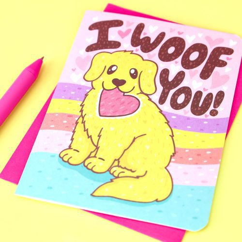 Woof You Love You Golden Retriever Puppy Dog Valentines Day Anniversary Love Card Rainbow Cute Adorable Pastel Turtles Soup Stationery Pretty