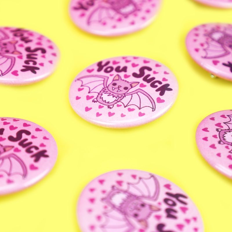 You Suck Vampire Bat Batty Pinback Button Cute Pastel Goth Badge Turtles Soup Funny Hearts Pastel