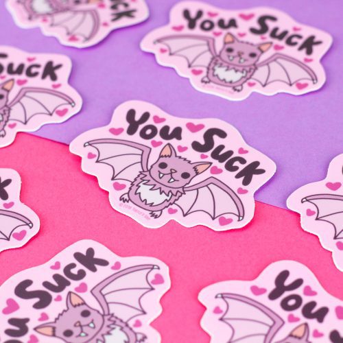 You Suck Vampire Bat Cute Pastel Goth Halloween Vinyl Sticker Turtles Soup Pink Purple