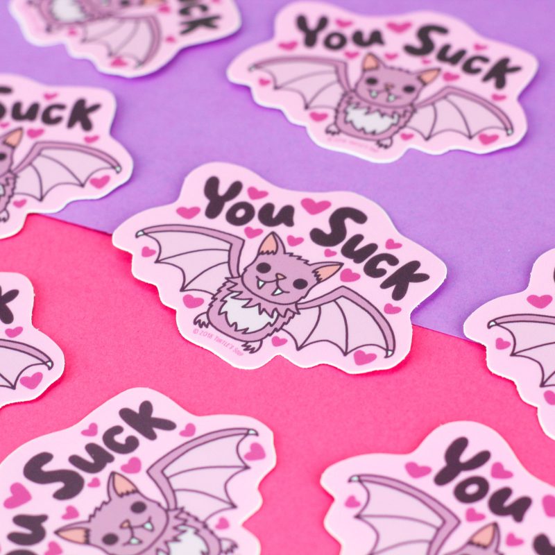 You Suck Vampire Bat Cute Pastel Goth Halloween Vinyl Sticker Turtles Soup Pink Purple