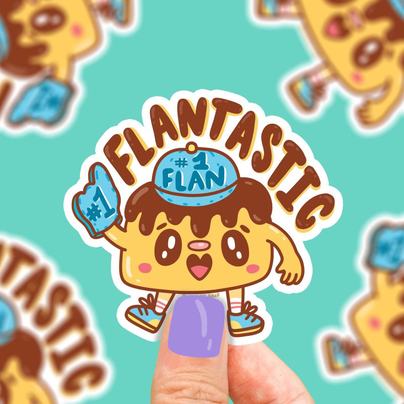 flantastic funny flan food pun cute sweet treat number one fan funny sticker for waterbottle laptop foodie food pun sticker by turtle s soup