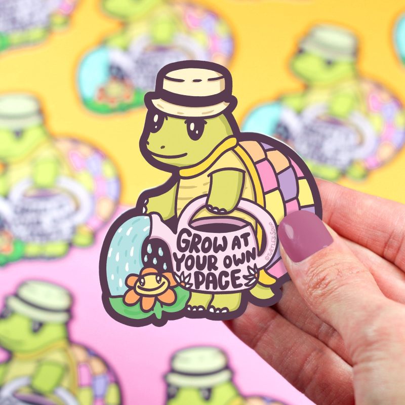 grow at your own pace turtle garden phrase cute art sticker