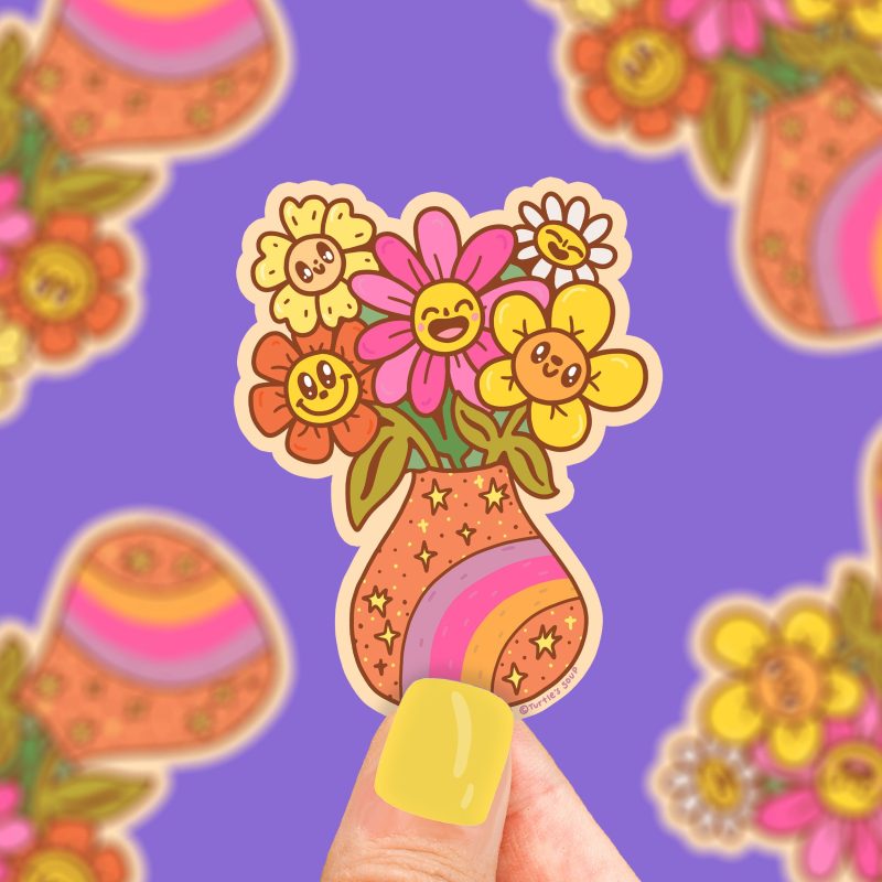 happy flowers flower vase cute vinyl sticker flower shop floral decal bouquet sticker art by turtles soup cute stickers