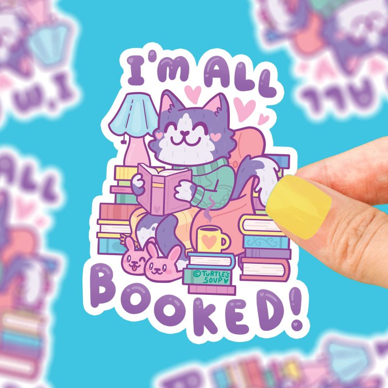 im all booked reading book pun sticker by turtles soup book sticker by turtles soup cat kitty reading funny sticker art for laptop phone waterbottle car