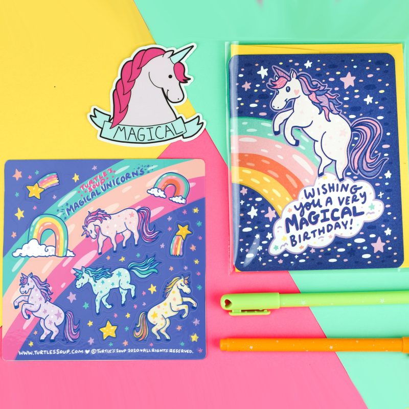 magical unicorn gift set sticker sheet greeting card stationery rainbow sticker art