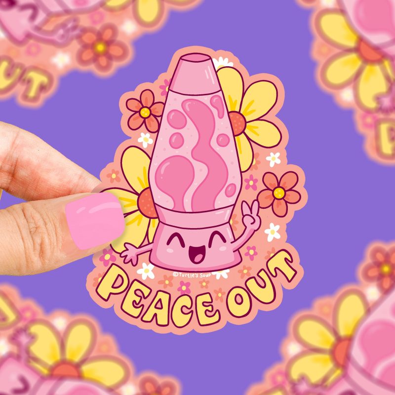 peace out lava lamp groovy hippie vinyl sticker cute sticker art by turtles soup water bottle laptop sticker decal