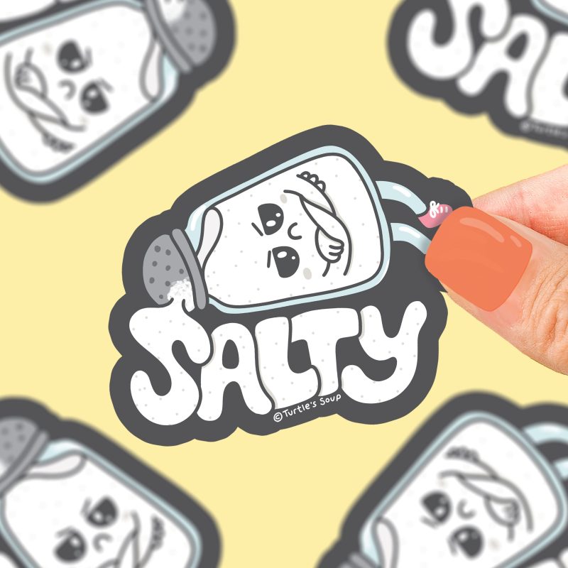 salty funny salt pun punny salt shaker mood aesthetic vinyl sticker for water bottle laptop tilted decal