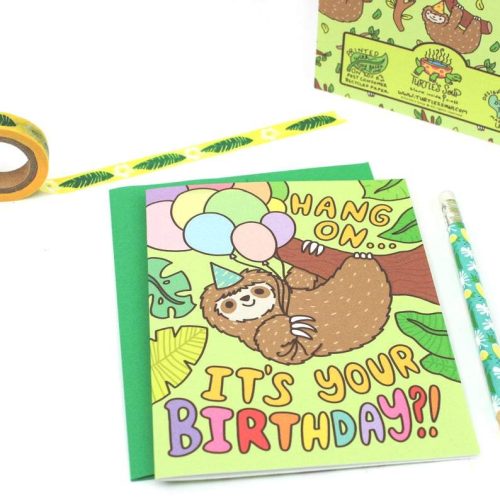 sloth birthday card cute stationery illustration tree plants balloons