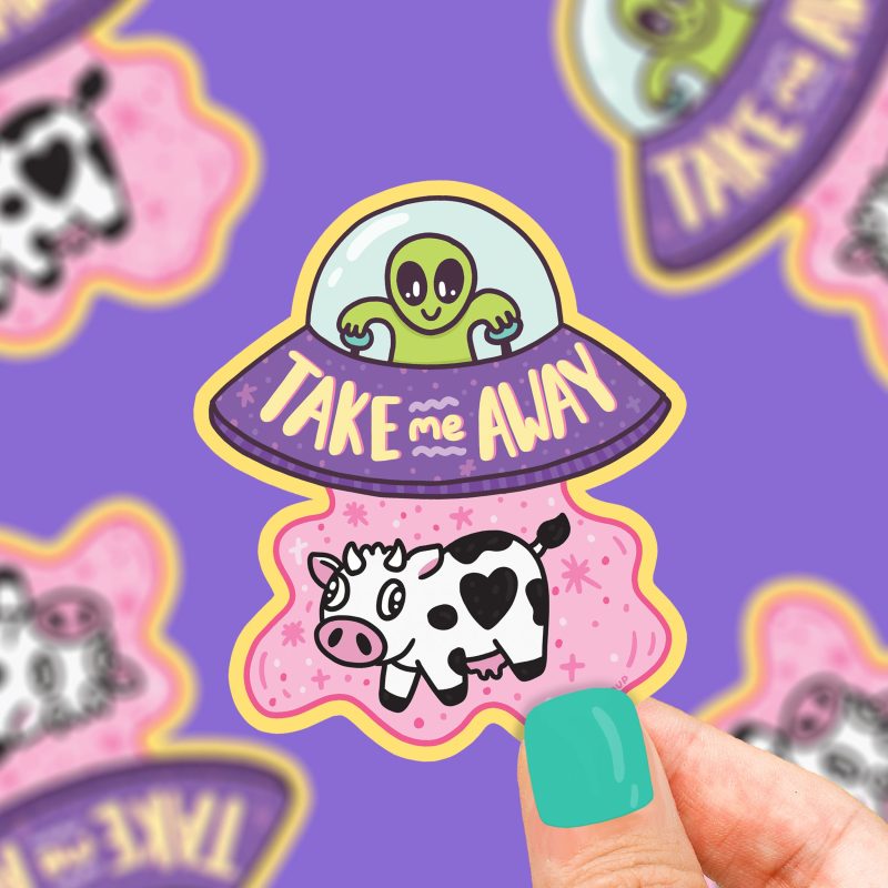 take me away alien ufo abduction funny cow sticker for water bottle sticker art cute sticker funny