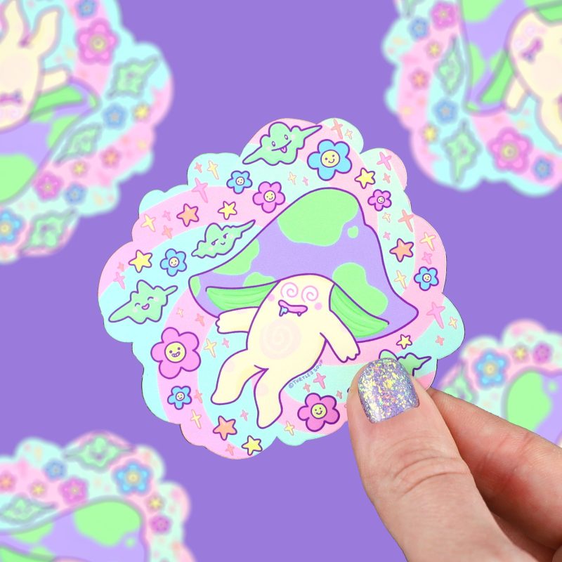 trippy holographic mushroom sticker spaced out funny sticker art toxic mushroom sticker